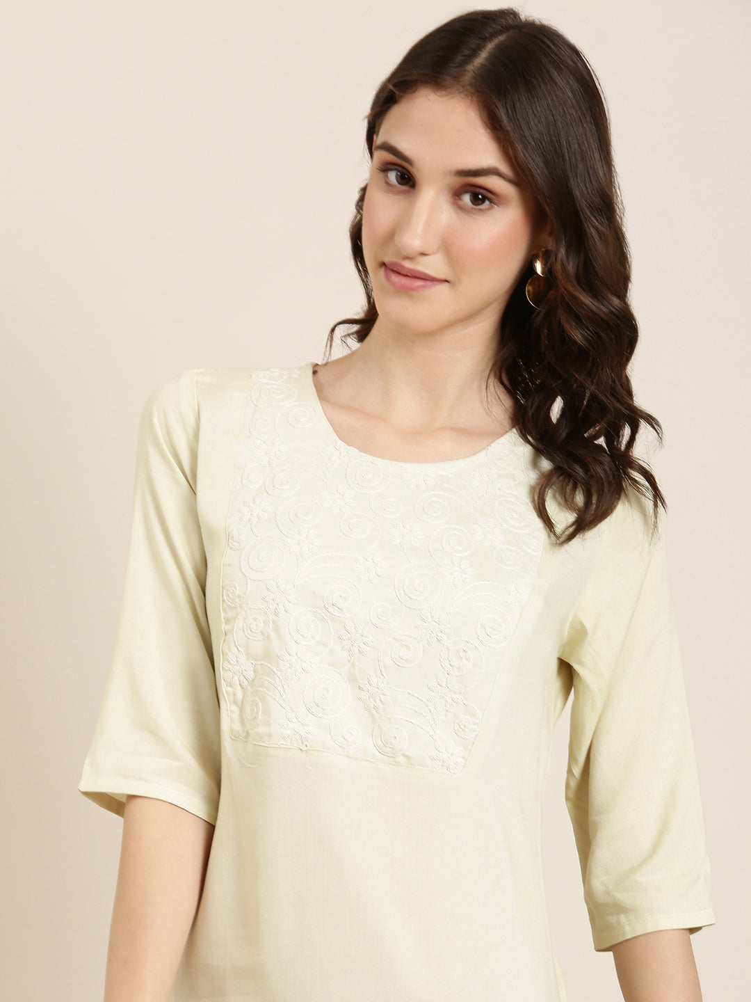 Women's Cream Floral Yoke Design Cotton Straight Kurta