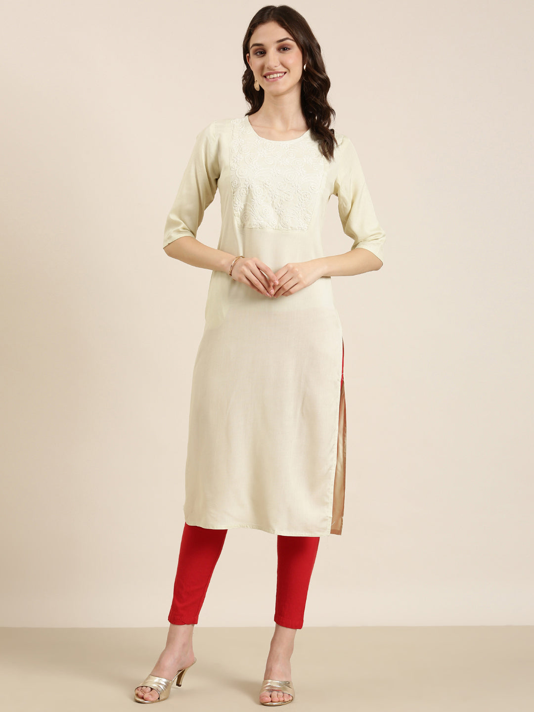 Women's Cream Floral Yoke Design Cotton Straight Kurta