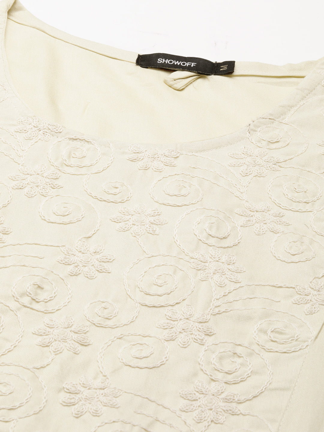 Women's Cream Floral Yoke Design Cotton Straight Kurta