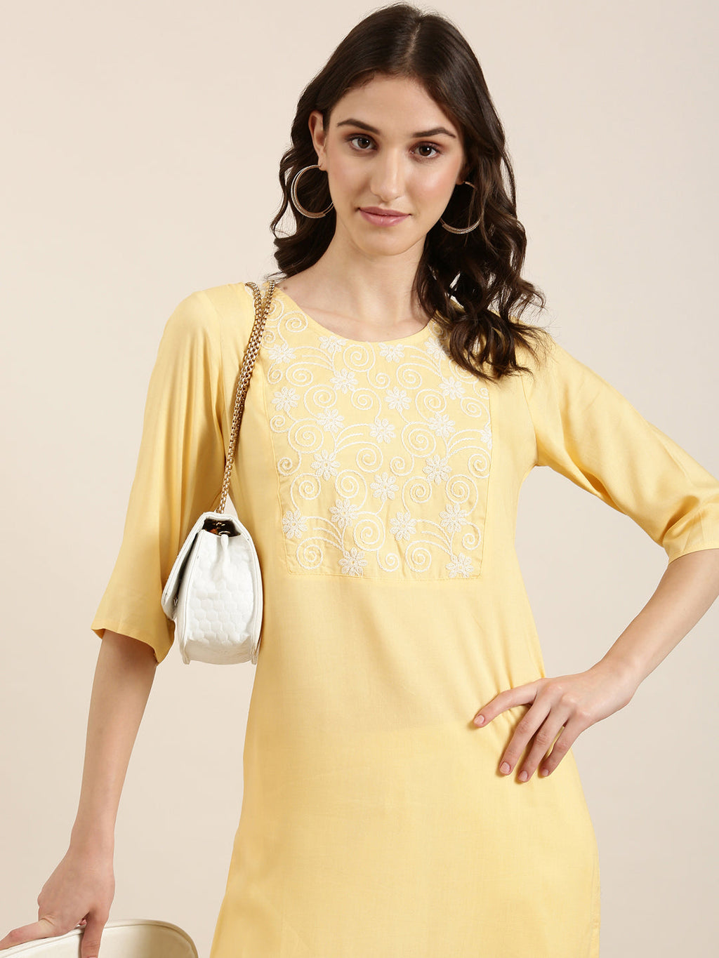 Women's Yellow Thread Work Straight Kurta