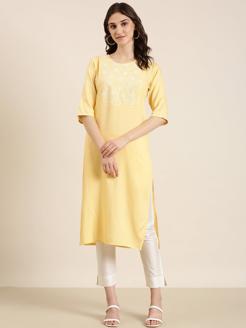 Women's Yellow Thread Work Straight Kurta
