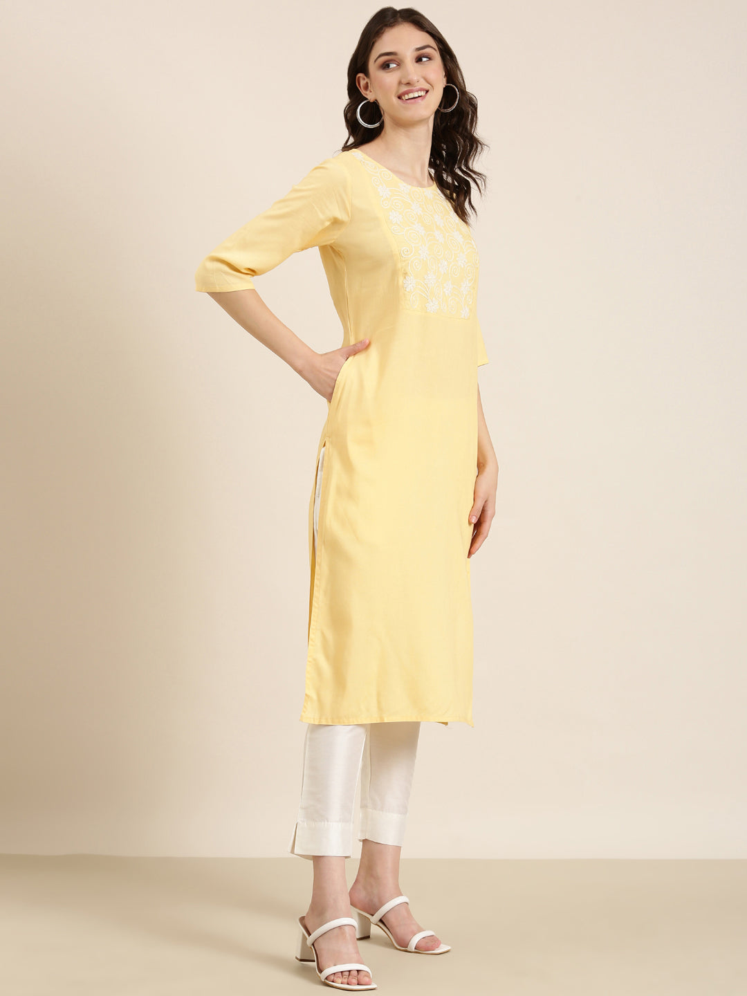 Women's Yellow Thread Work Straight Kurta