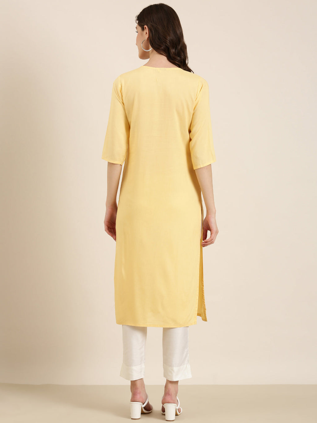 Women's Yellow Thread Work Straight Kurta