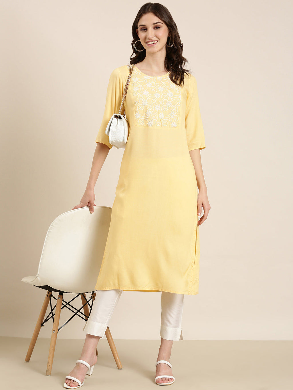 Women's Yellow Thread Work Straight Kurta