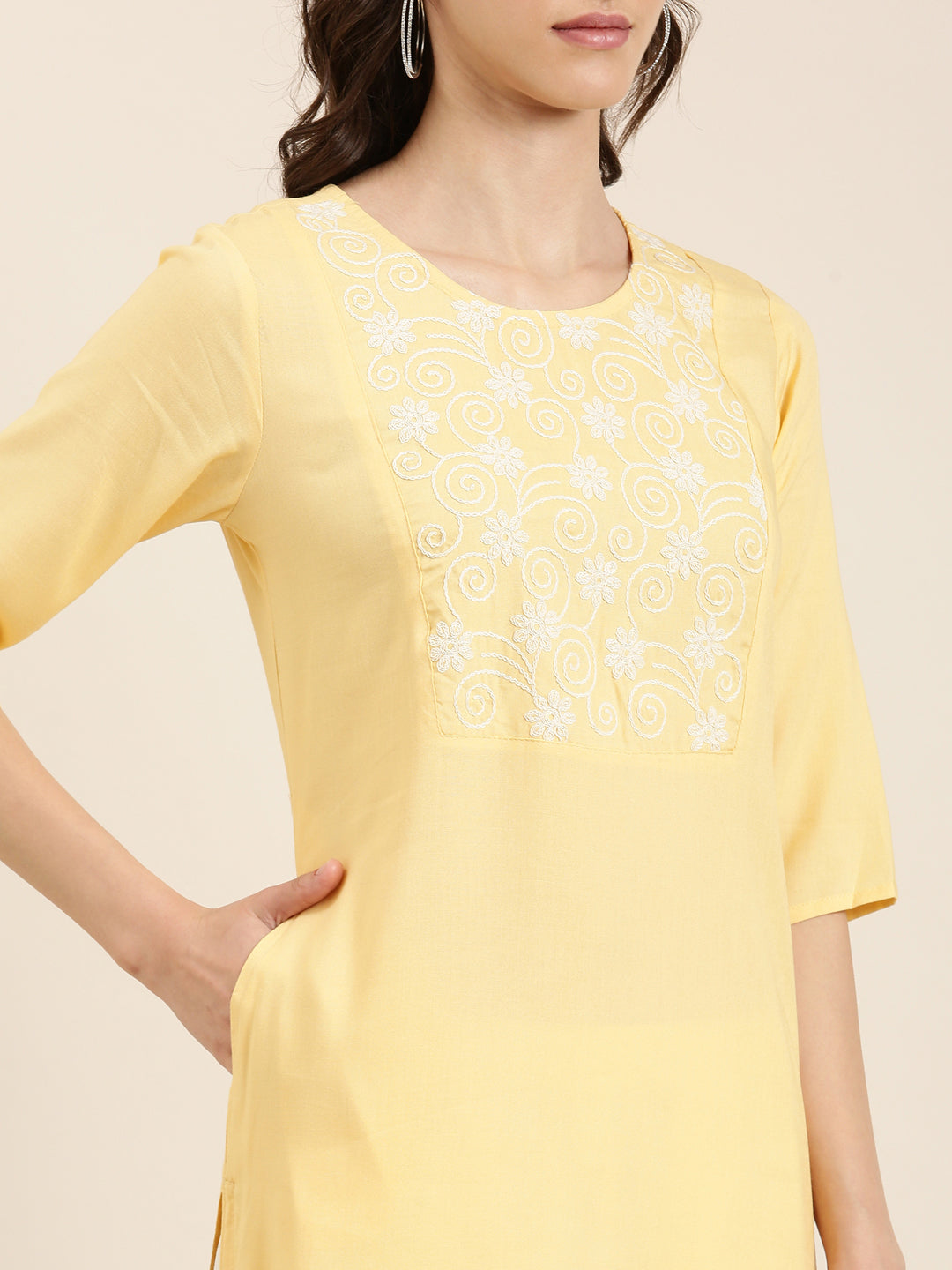 Women's Yellow Thread Work Straight Kurta