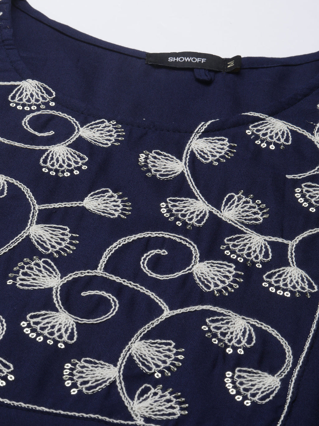 Women's Navy Blue Floral Embroidered Thread Work Straight Kurta