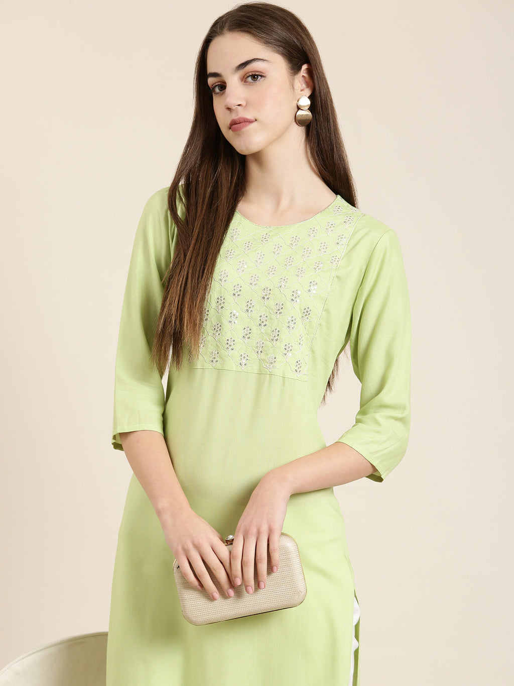 Women's Lime Green Sequinned Round Neck Straight Kurta