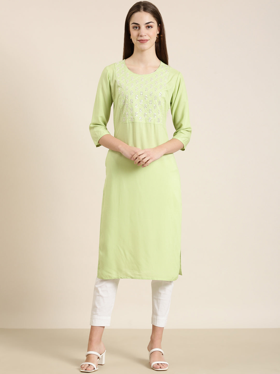 Women's Lime Green Sequinned Round Neck Straight Kurta