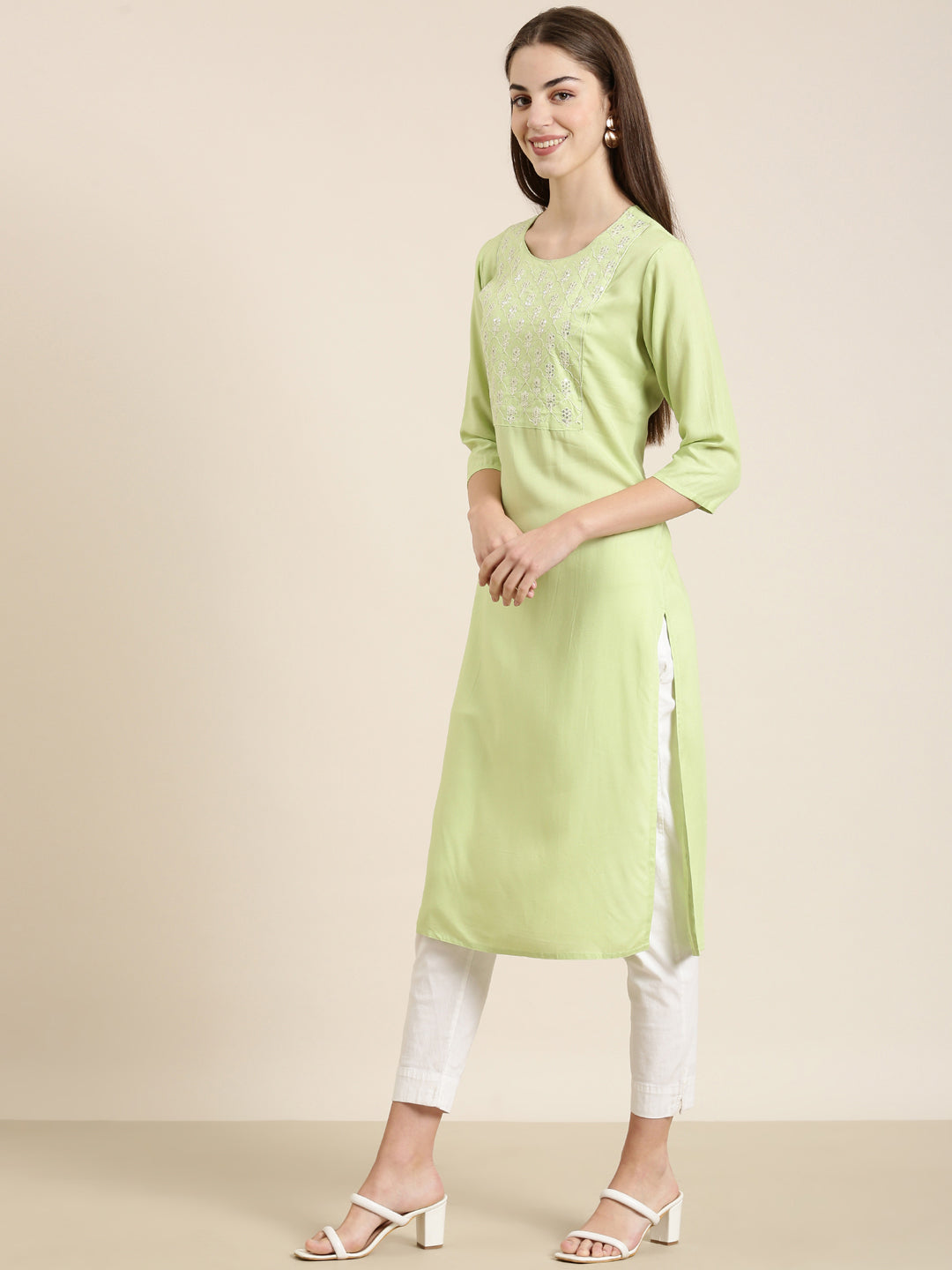 Women's Lime Green Sequinned Round Neck Straight Kurta