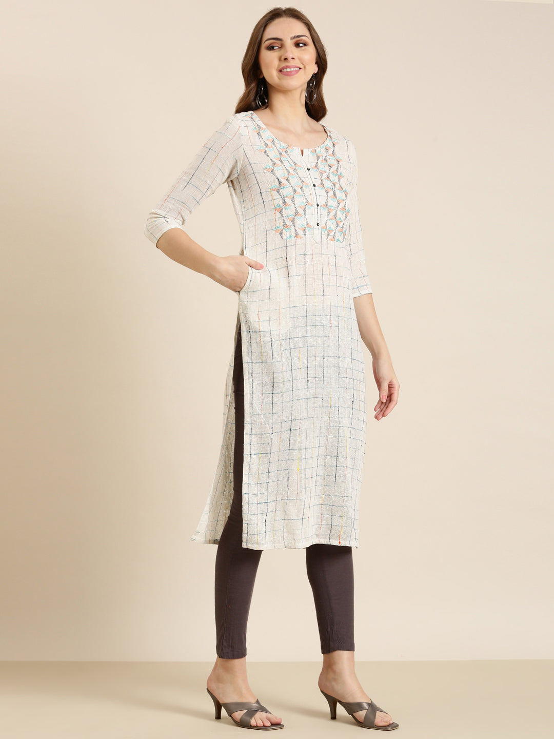 Women's Cream Checked Woven Design Thread Work Cotton Straight Kurta