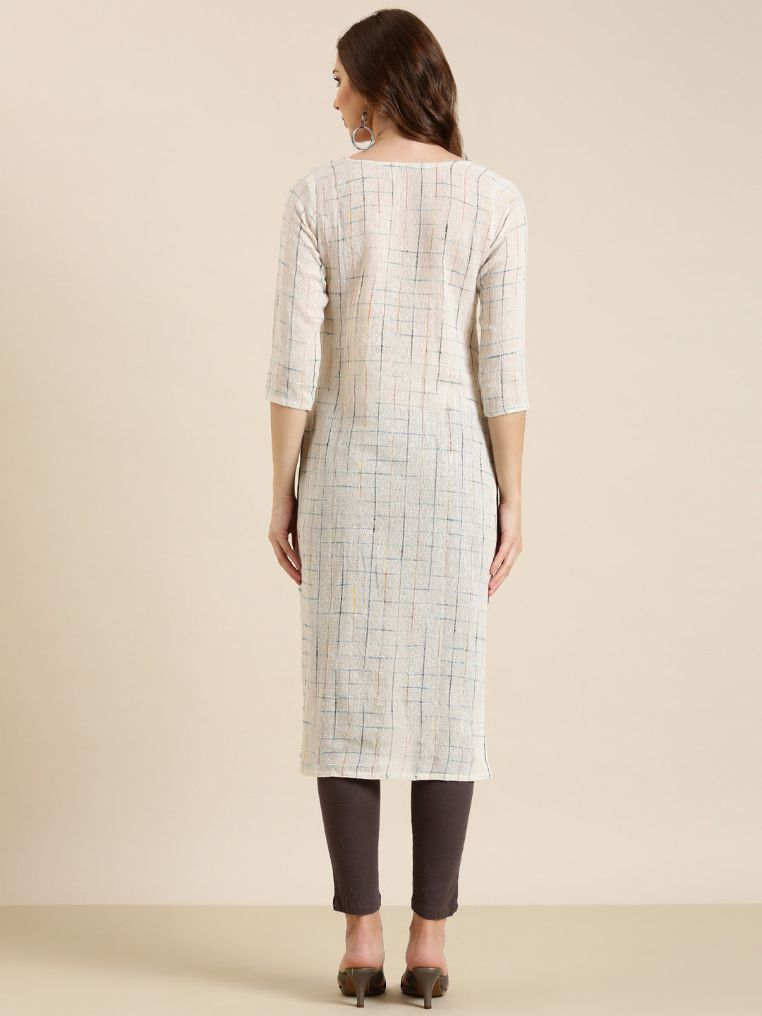 Women's Cream Checked Woven Design Thread Work Cotton Straight Kurta