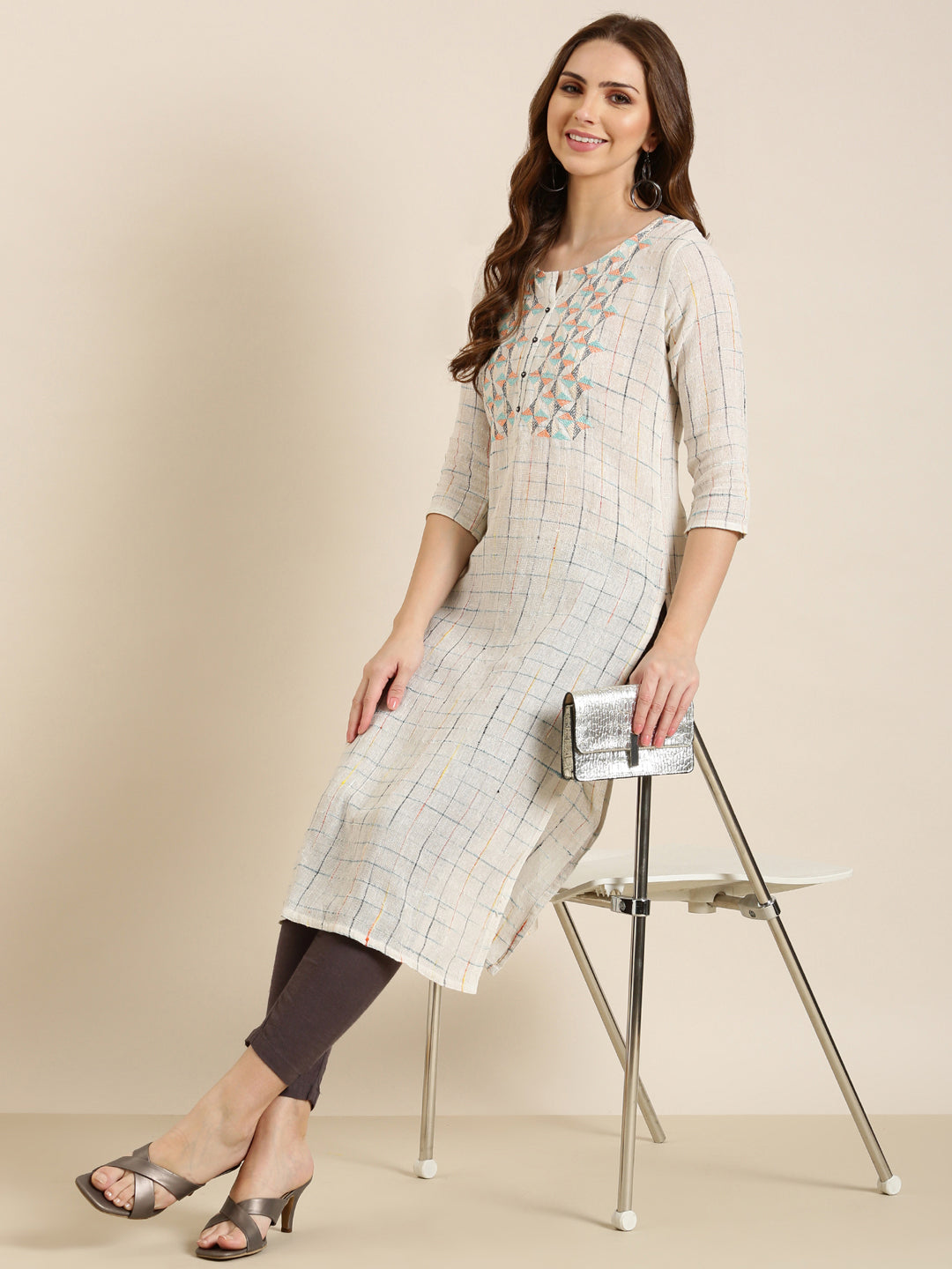Women's Cream Checked Woven Design Thread Work Cotton Straight Kurta