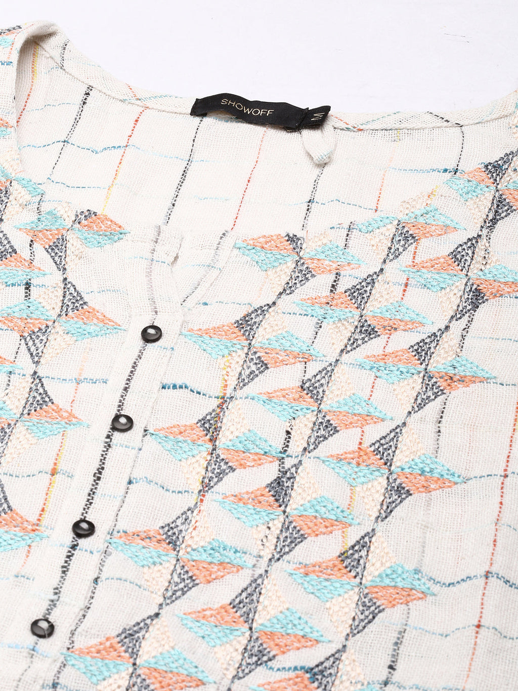 Women's Cream Checked Woven Design Thread Work Cotton Straight Kurta