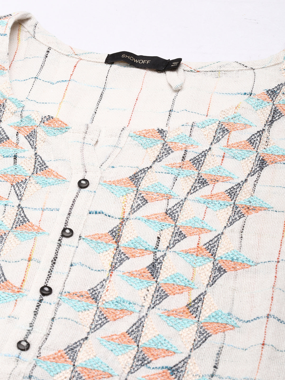 Women's Cream Checked Woven Design Thread Work Cotton Straight Kurta