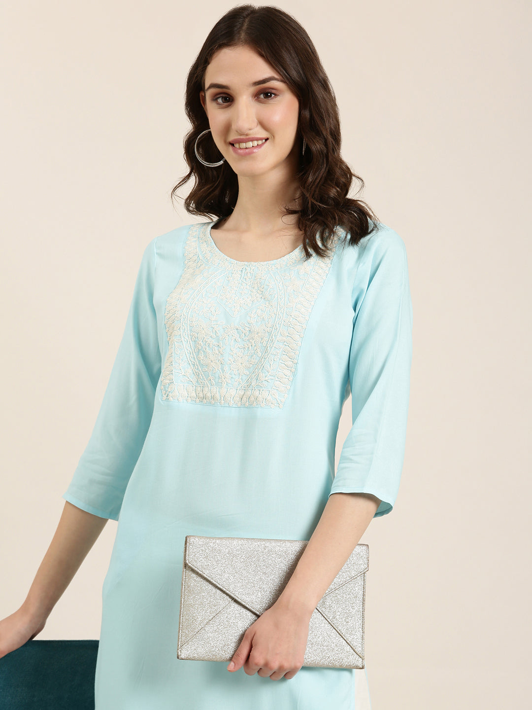 Women's Blue Ethnic Motifs Straight Kurta