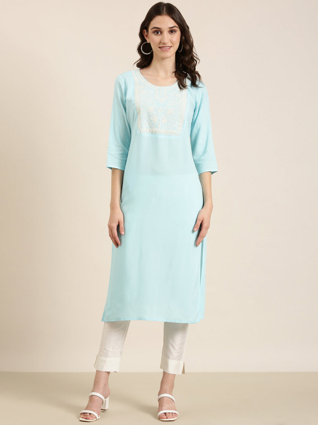 Women's Blue Ethnic Motifs Straight Kurta