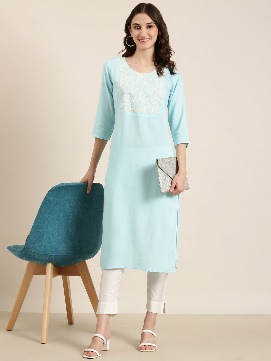 Women's Blue Ethnic Motifs Straight Kurta
