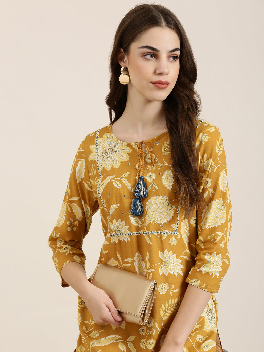 Women's Mustard Floral Printed Gotta Pati Straight Kurta