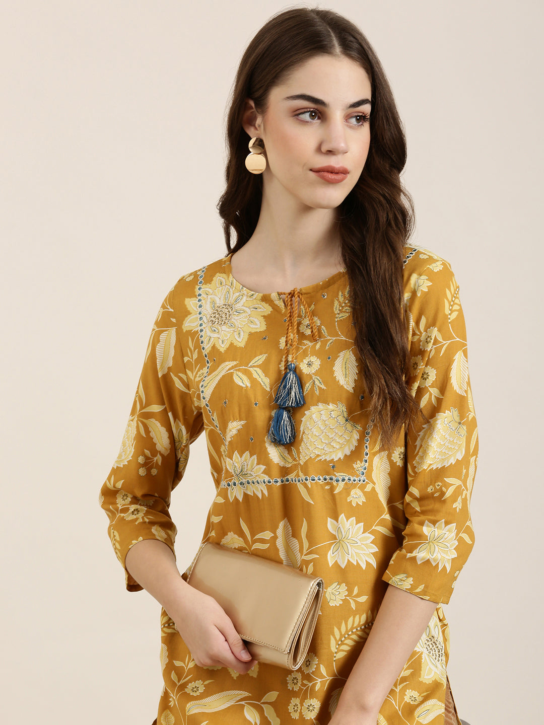 Women's Mustard Floral Printed Gotta Pati Straight Kurta