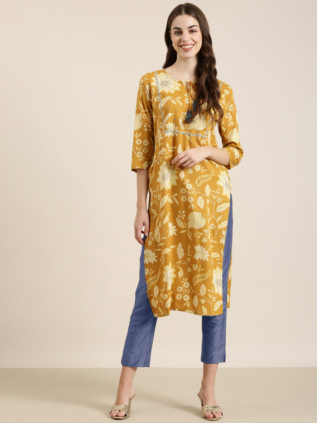 Women's Mustard Floral Printed Gotta Pati Straight Kurta