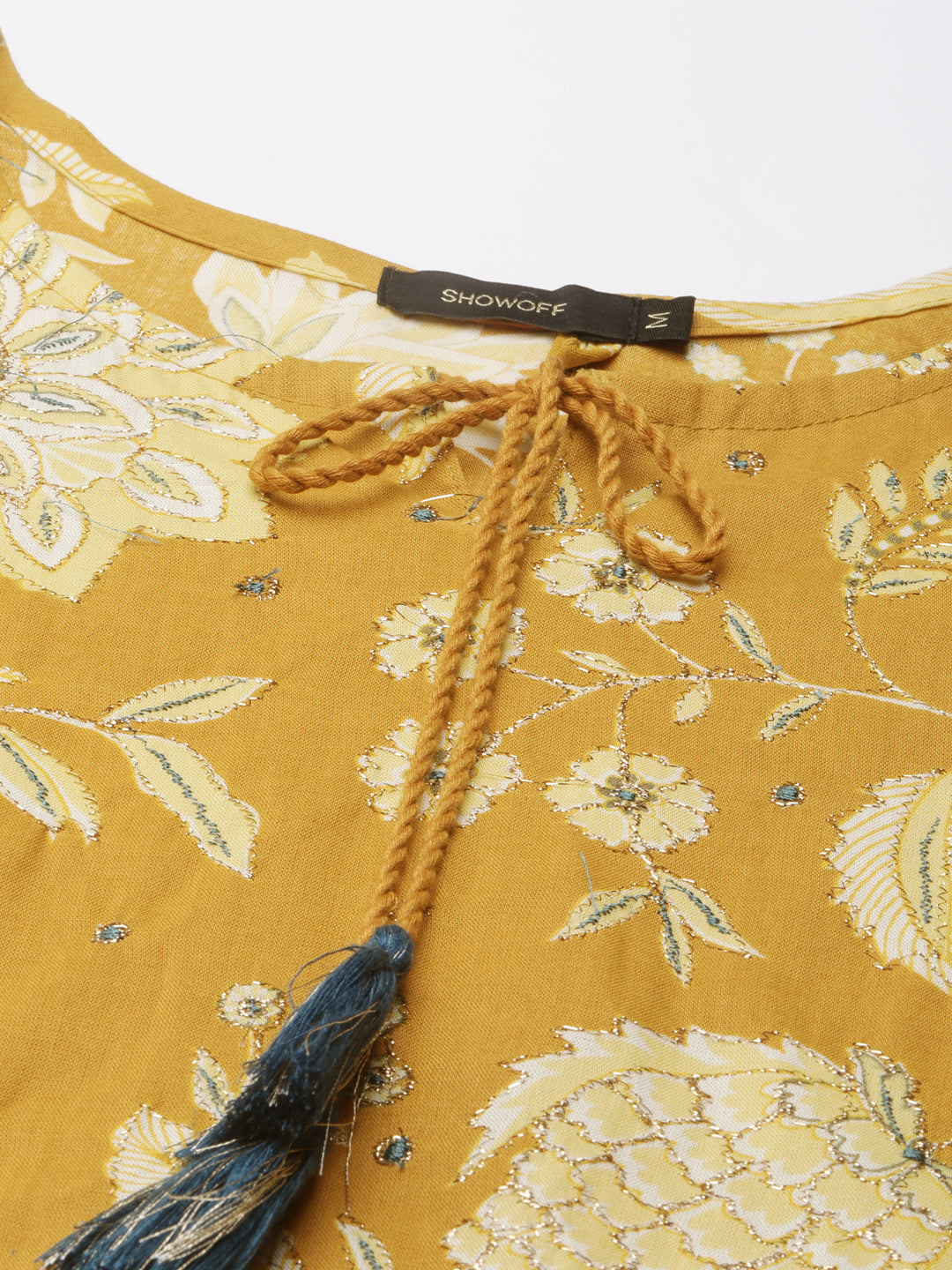 Women's Mustard Floral Printed Gotta Pati Straight Kurta