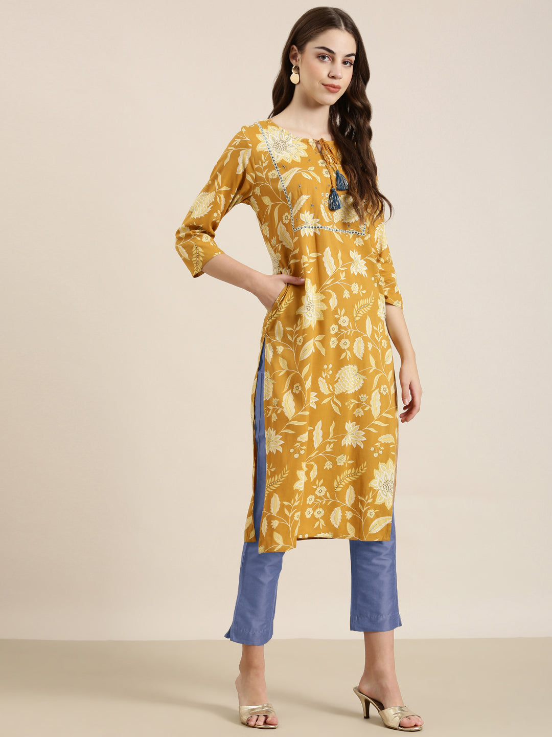 Women's Mustard Floral Printed Gotta Pati Straight Kurta