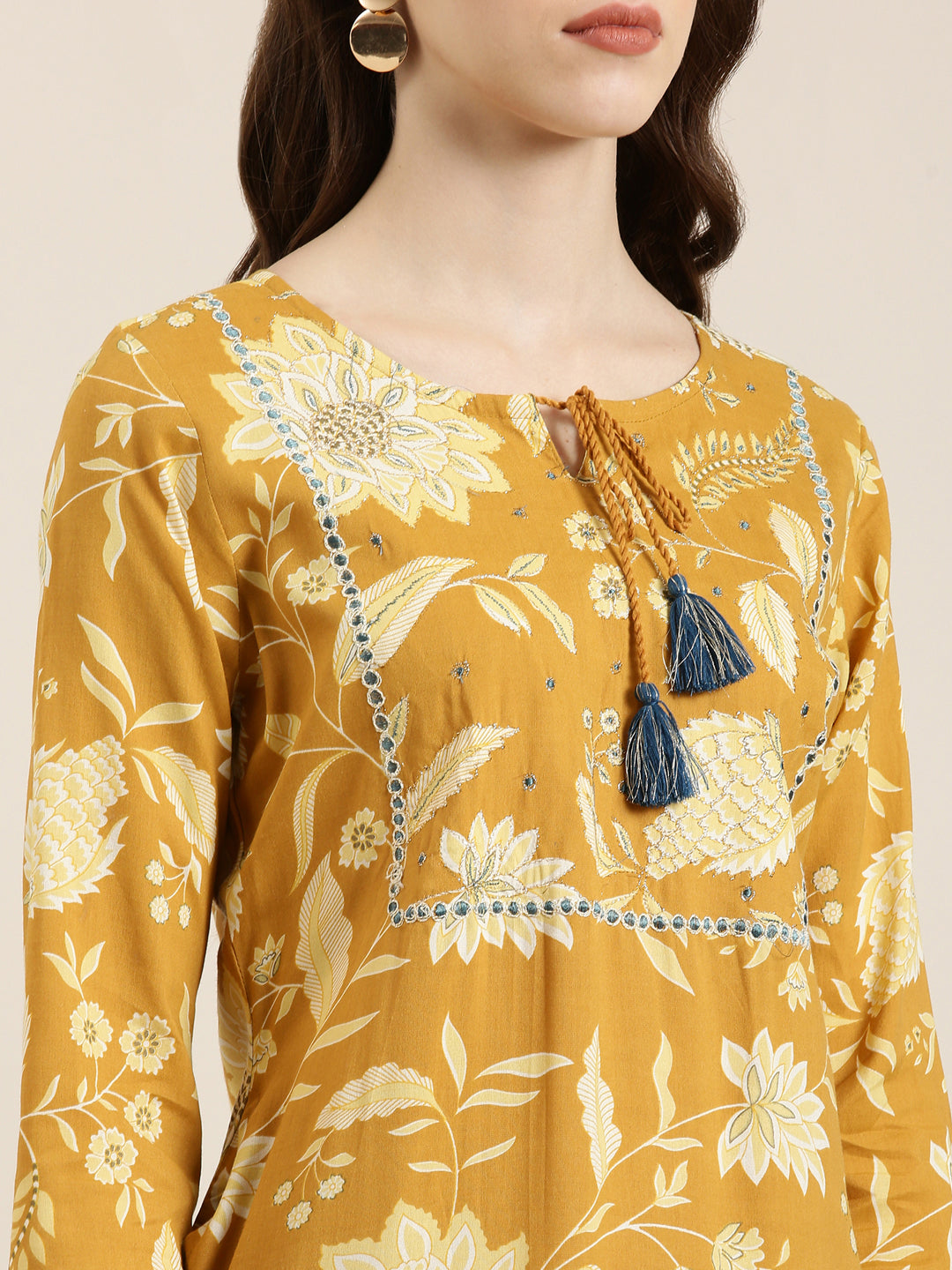 Women's Mustard Floral Printed Gotta Pati Straight Kurta