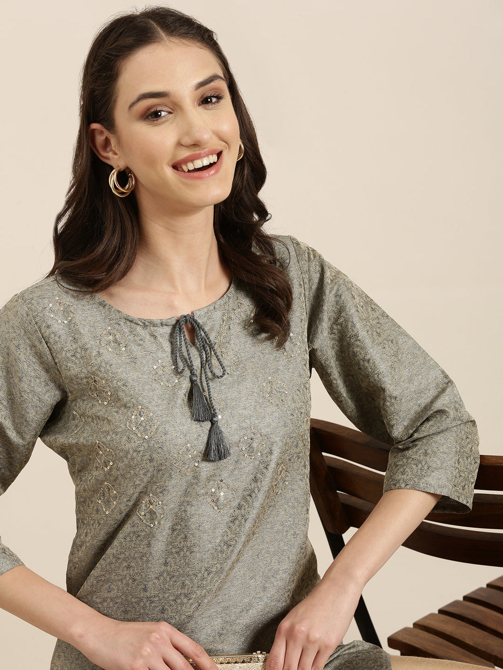 Women's Beige Ethnic Motifs Printed Cotton Silk Straight Kurta