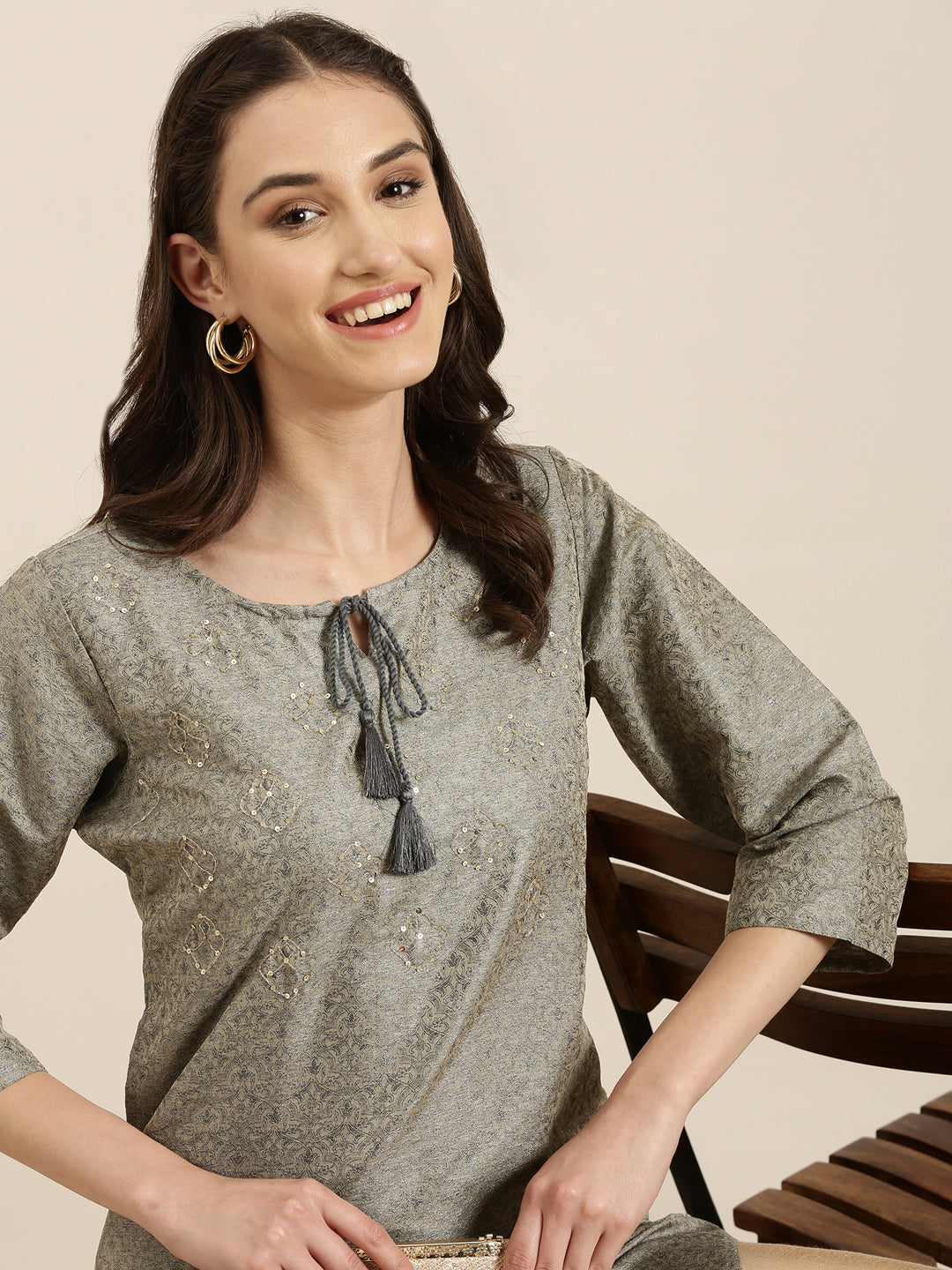 Women's Beige Ethnic Motifs Printed Cotton Silk Straight Kurta