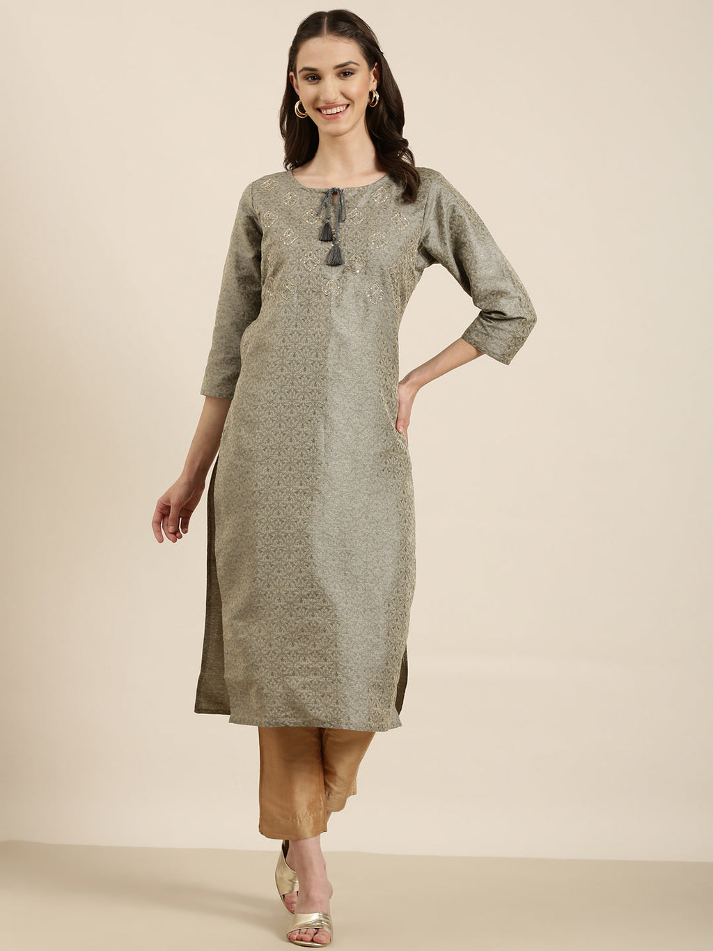 Women's Beige Ethnic Motifs Printed Cotton Silk Straight Kurta