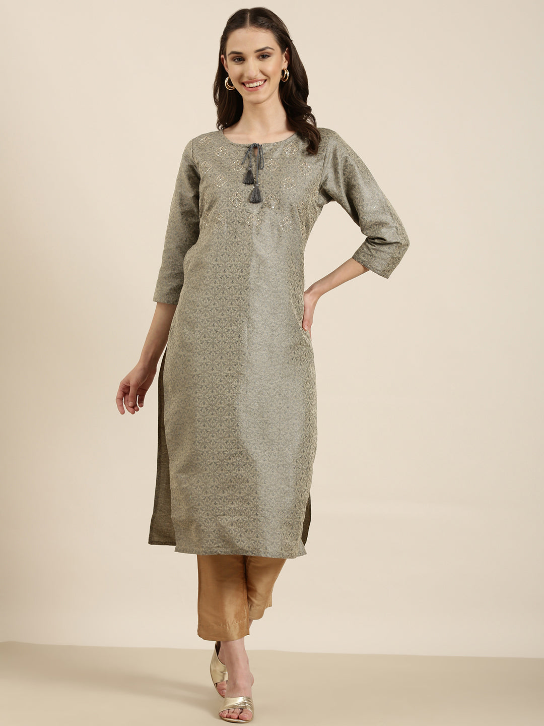 Women's Beige Ethnic Motifs Printed Cotton Silk Straight Kurta