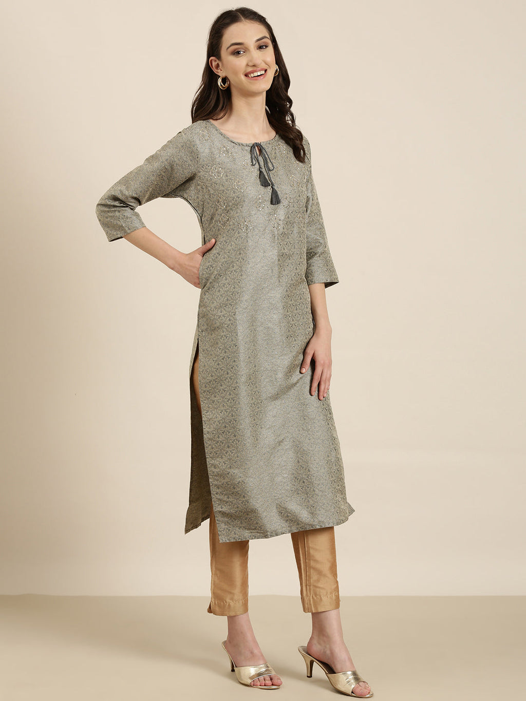 Women's Beige Ethnic Motifs Printed Cotton Silk Straight Kurta