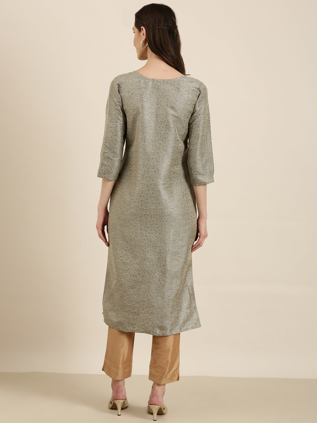 Women's Beige Ethnic Motifs Printed Cotton Silk Straight Kurta