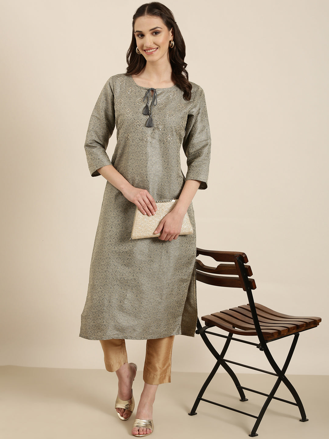 Women's Beige Ethnic Motifs Printed Cotton Silk Straight Kurta