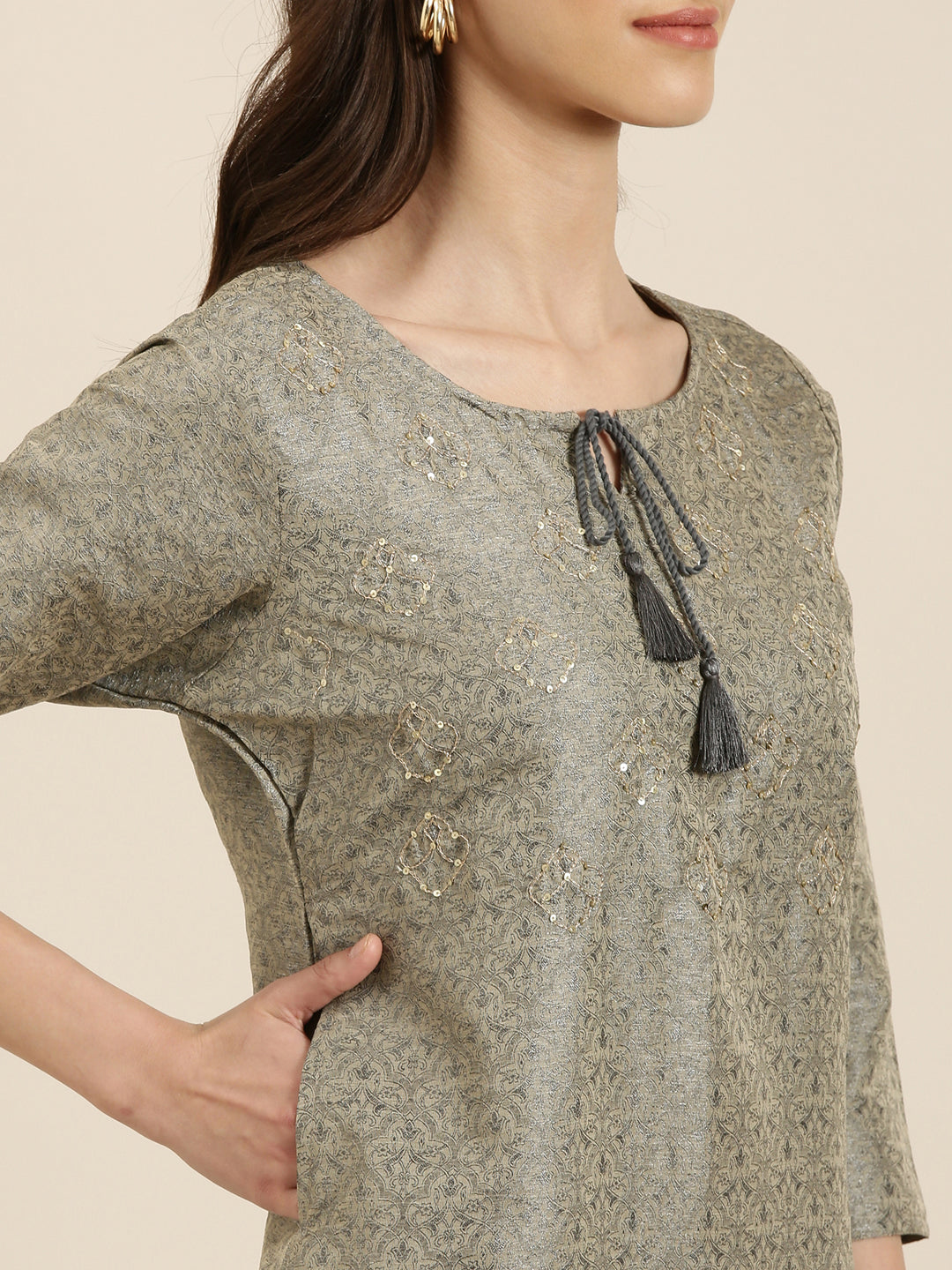 Women's Beige Ethnic Motifs Printed Cotton Silk Straight Kurta