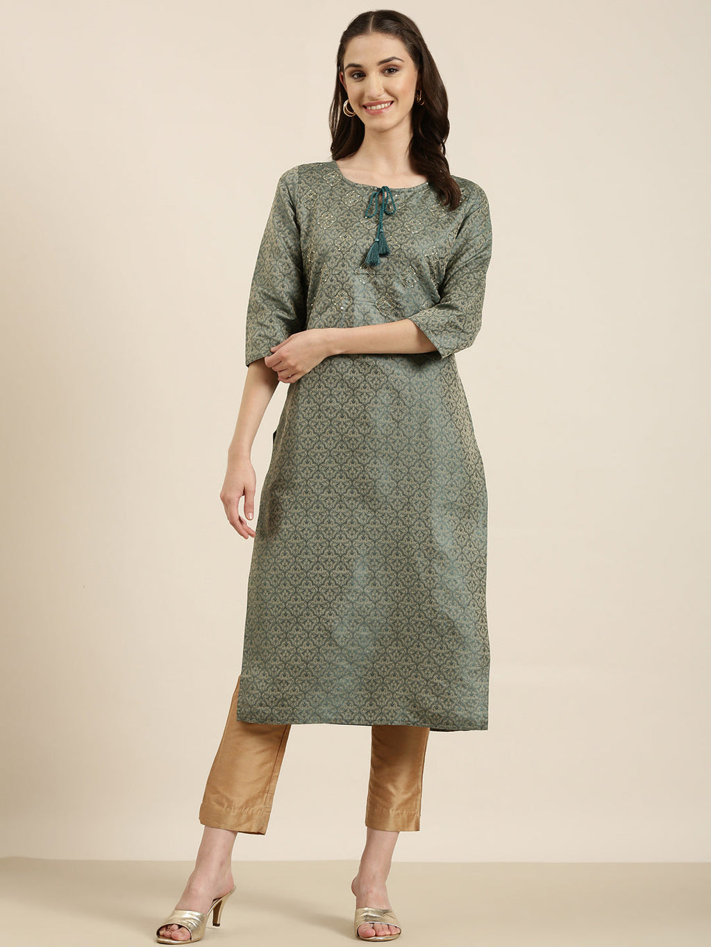 Women's Teal Floral Printed Tie-Up Neck Thread Work Straight Kurta