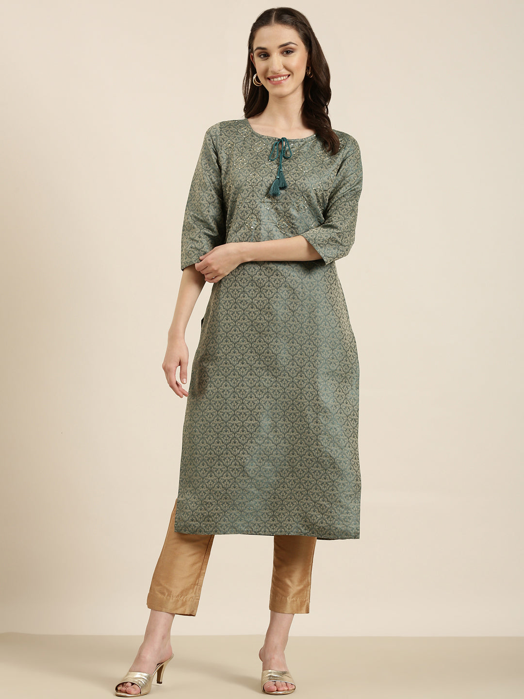 Women's Teal Floral Printed Tie-Up Neck Thread Work Straight Kurta