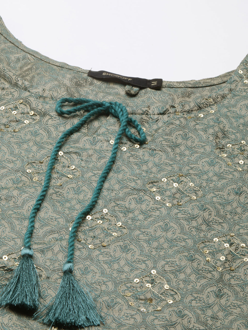 Women's Teal Floral Printed Tie-Up Neck Thread Work Straight Kurta