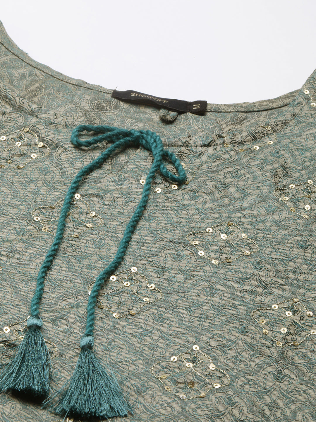 Women's Teal Floral Printed Tie-Up Neck Thread Work Straight Kurta