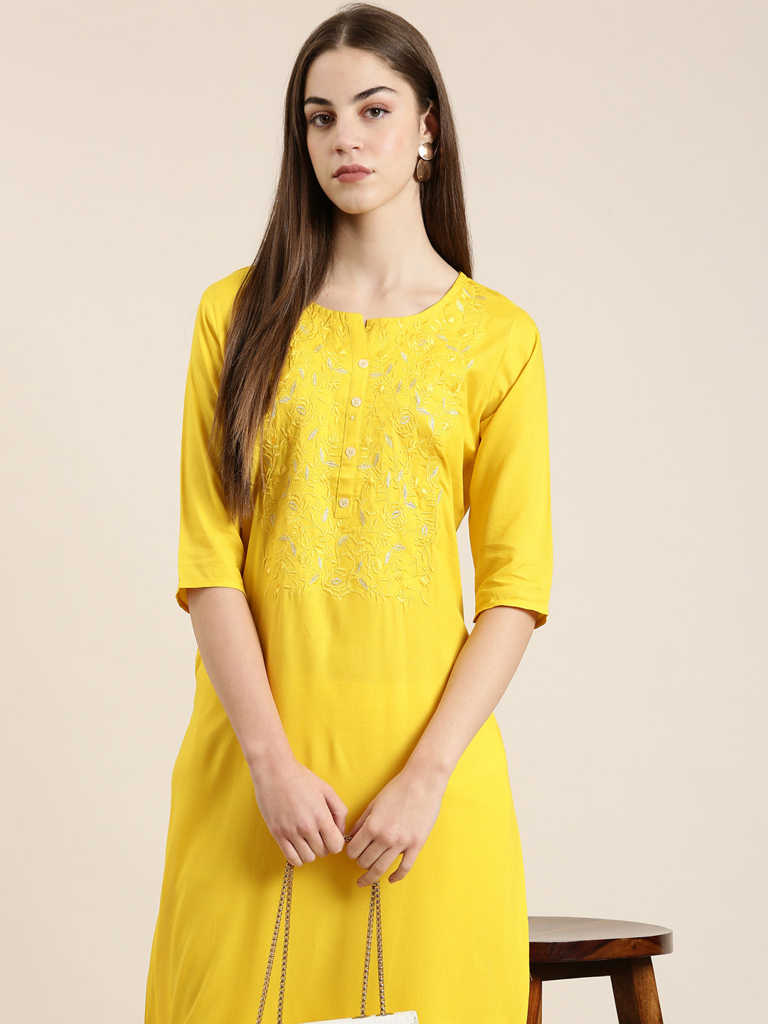 Women's Yellow Floral Embroidered Straight Kurta