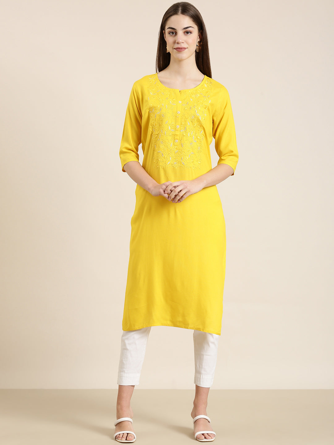 Women's Yellow Floral Embroidered Straight Kurta