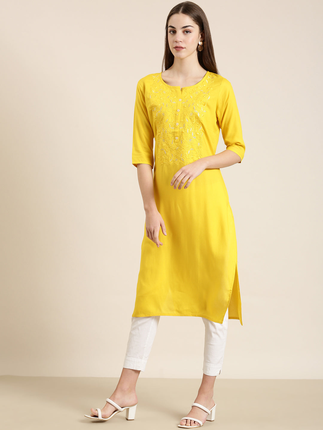 Women's Yellow Floral Embroidered Straight Kurta