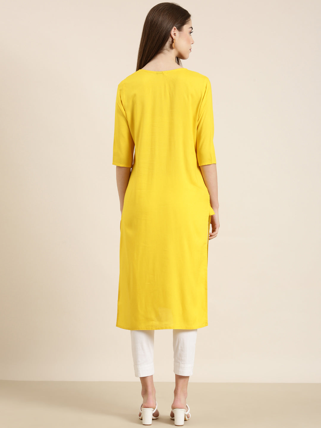 Women's Yellow Floral Embroidered Straight Kurta