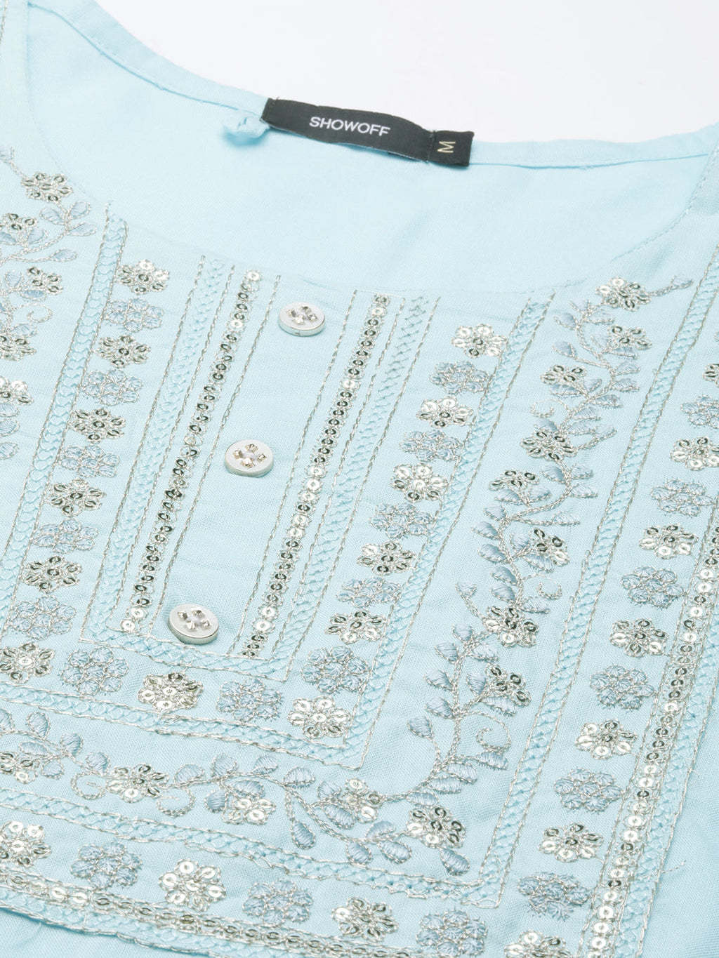 Women's Blue Floral Yoke Design Sequinned Kurta