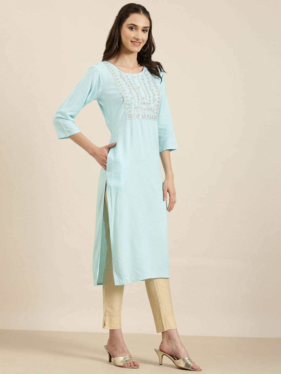 Women's Blue Floral Yoke Design Sequinned Kurta
