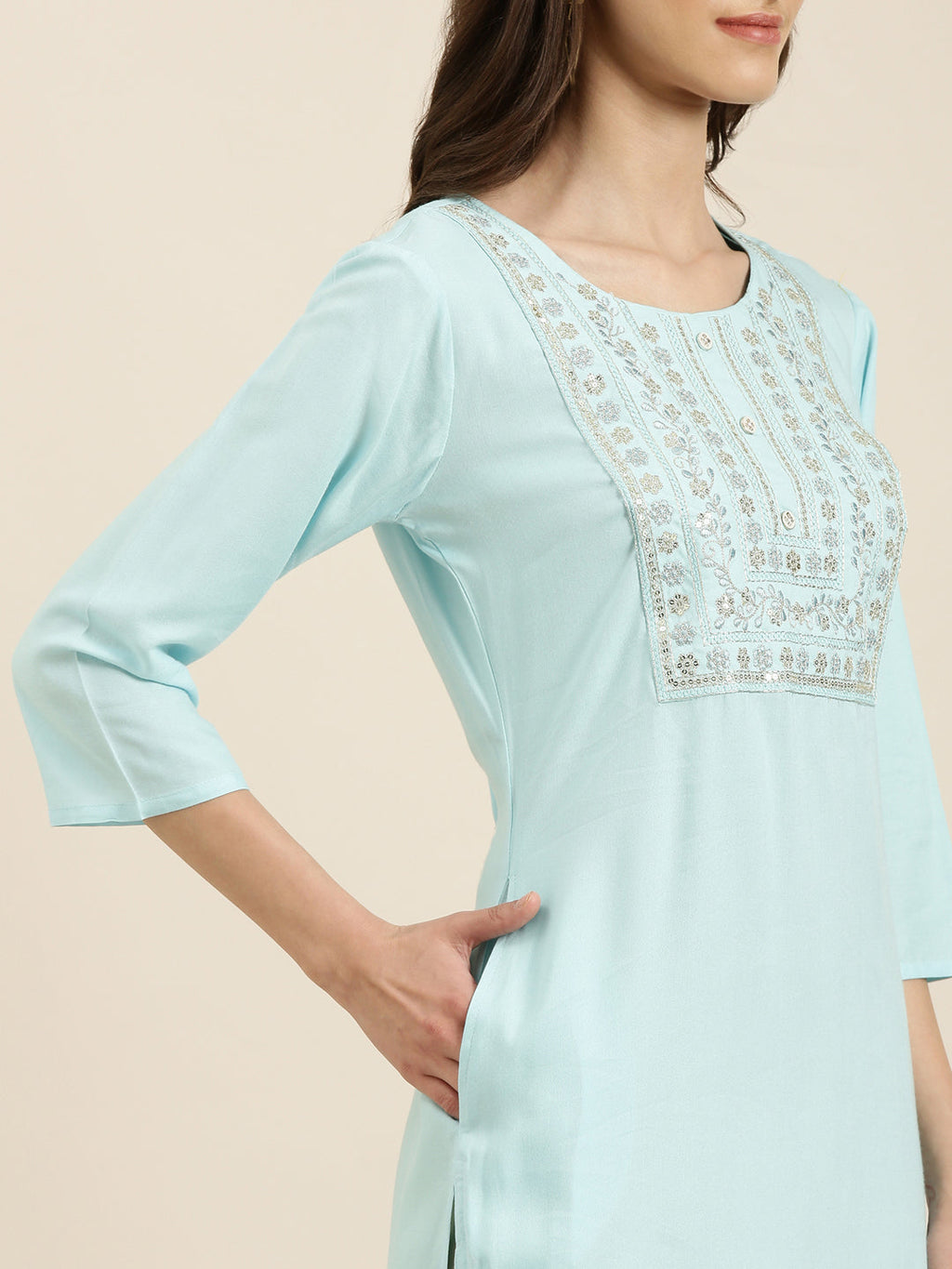 Women's Blue Floral Yoke Design Sequinned Kurta
