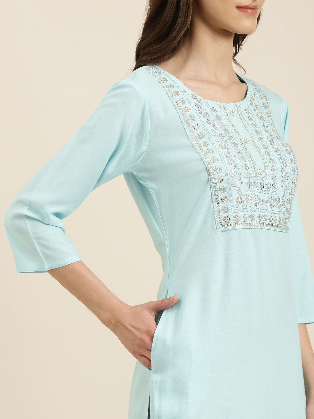 Women's Blue Floral Yoke Design Sequinned Kurta