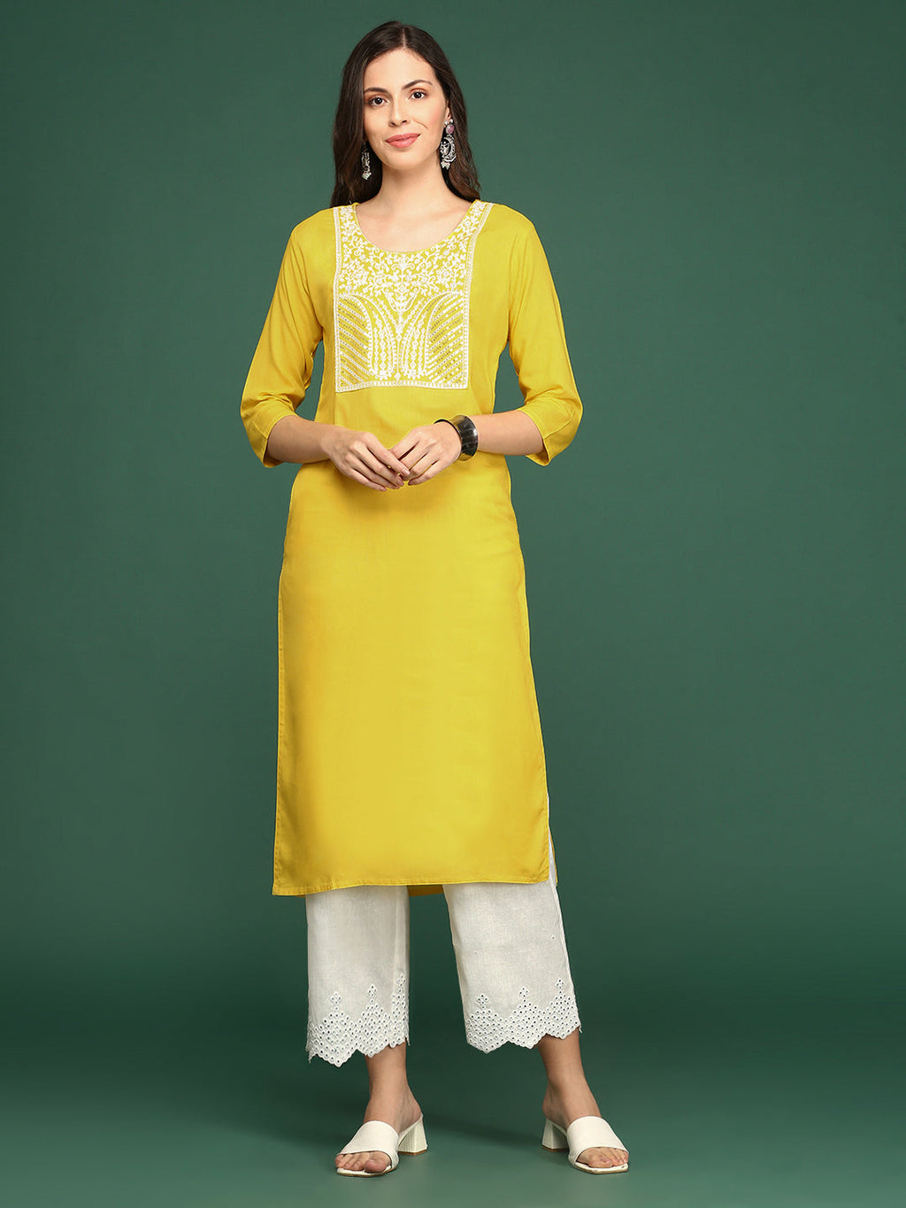 Women's Yellow Paisley Embroidered Thread Work Straight Kurta