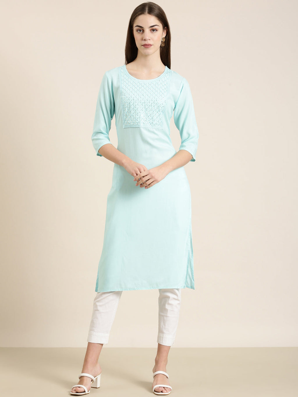 Women's Blue Ethnic Motifs Sequinned Pure Cotton Straight Kurta