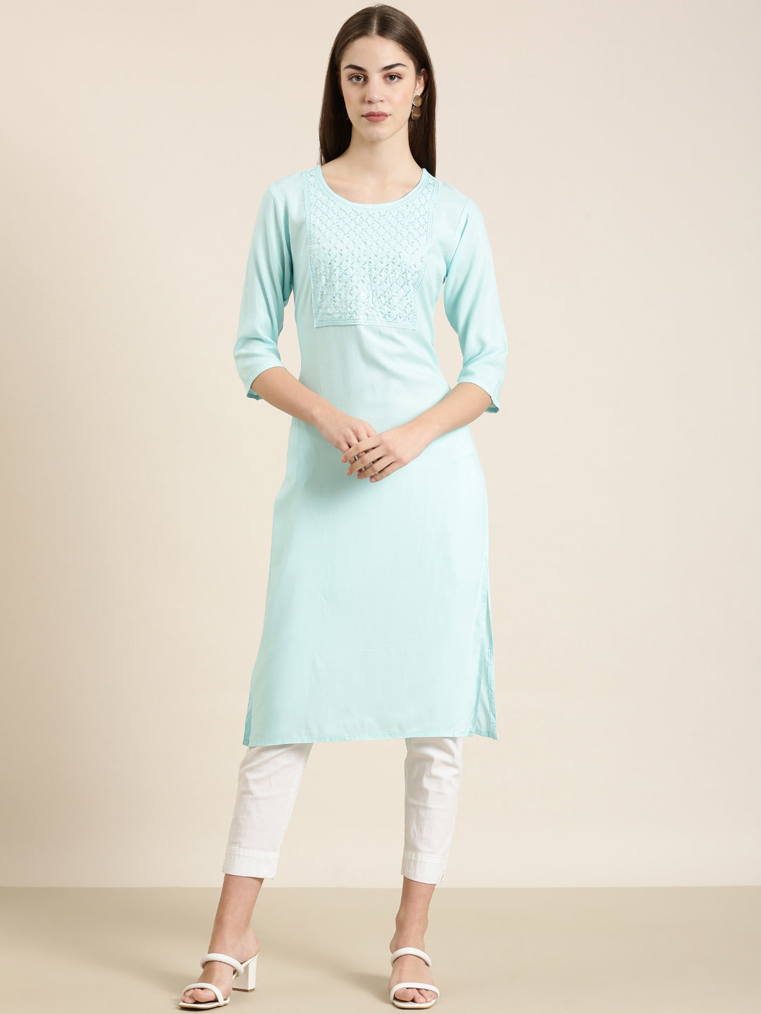Women's Blue Ethnic Motifs Sequinned Pure Cotton Straight Kurta